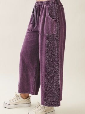 "The Ube" PANTS Washed Plum Wide-Leg Pants with Lace Trim